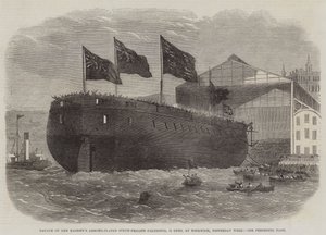 Lansering av Hennes Majestets panserbelagte skrufregatt Caledonia, 31 våpen, på Woolwich, i går uke