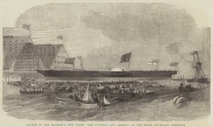 Lansering av Hennes Majestets nye yacht, The Victoria and Albert, ved Royal Dockyard, Pembroke av Edwin Weedon