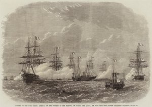 Åpning av Suez-kanalen, ankomst til franskmennenes keiserinne, om bord på Aigle, ved Port Said, den britiske skvadronen hilser
