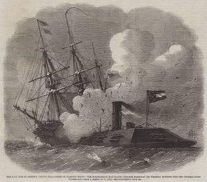 Borgerkrigen i Amerika, marineengasjement i Hampton Roads, den konfødererte jernbelagte dampbåten Merrimac (eller Virginia) som løper inn i Federal Sloop Cumberland av Edwin Weedon