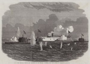 Den jernkledde fregatten New Ironsides og to Ericsson-batterier går i aksjon på Charleston av Edwin Weedon
