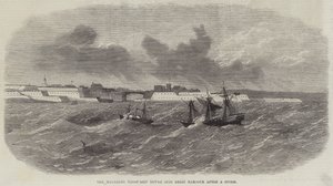 Melmerby troppeskip tauet inn i Brest havn etter en storm