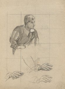 Sittende mann og studie av hender, skisse for signering av kompakten i hytten til Mayflower.