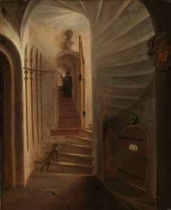 Portal til et trappetårn, med en mann som går ned trappene: antagelig øyeblikket før attentatet på William den Tause i Prinsenhof, Delft av Egbert Lievensz. van der Poel (attributed to)
