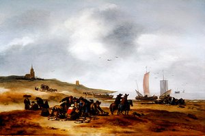 Fisk utstilt for salg på stranden ved Scheveningen (olje på panel)