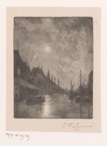Utsikt over elven i en by om natten av Egide François Leemans (signed by artist)