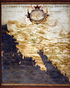 Frontier of the West Indies and Unknown Lands Map laget av Egnazio Danti (1536-1586) matematiker, kosmograf og italiensk arkitekt. Rundt 1567. Firenze, Palazzo Vecchio, Sala del Mappamondo