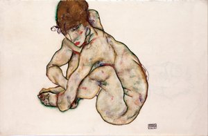 Crouching Naken Girl - Schiele, Egon (1890-1918) - 1914 - Svart kritt, Gouache på papir - 31,5x48,2 - Leopold Museum, Wien av Egon Schiele