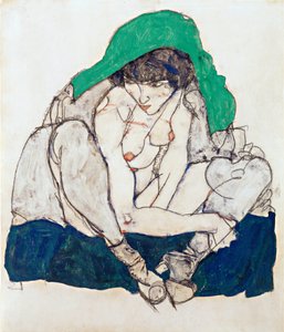 Hukende kvinne med grønt hodeskjerf - Schiele, Egon (1890-1918) - 1914 - Svart kritt, Gouache på papir - 47x31 - Leopold Museum, Wien av Egon Schiele