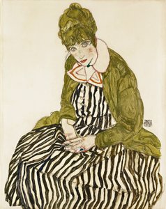 Edith Schiele i stripet kjole, sittende. Verk av Egon Schiele (1890-1918), blyant og gouache på papir av Egon Schiele