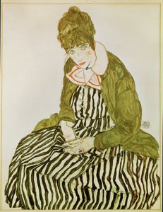 Edith Schiele, kunstnerens kone, sittende (gouache, akvarell og svart fargestift) av Egon Schiele