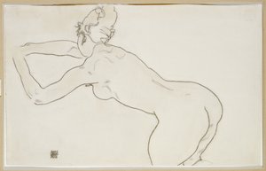 Naken kvinne som kneler og bøyer seg forover mot venstre, 1918