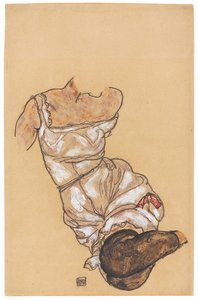 Kvinnelig overkropp i undertøy og svarte strømper; Kvinnelig overkropp i undertøy og sorte strømper, 1917 av Egon Schiele