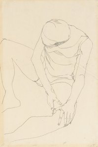 Naken kvinne bøyd fremover, begge hender på venstre lår, 1913 av Egon Schiele