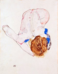 Naken kvinne i blå strømper, lener seg fremover - Gouache på papir av Egon Schiele (1890-1918) av Egon Schiele