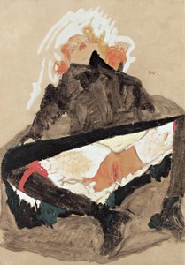 Jente i svart kjole med spredte ben, 1910 av Egon Schiele