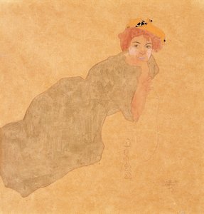 Jente i olivenfarget kjole med støttet arm, 1908 av Egon Schiele