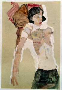 Halvnaken kvinne. Tegning av Egon Schiele (1890-1918), 1911 Blyant og akvarell på papir. Mål: 45,9x31,1cm. Wien, Graphische Sammlung Albertina