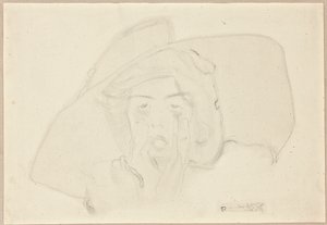 Hodet til en ropende ung kvinne med stor hatt, hake støttet av hender av Egon Schiele