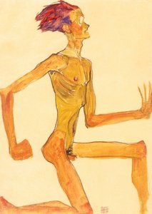 Knelende naken mann, i profil til høyre av Egon Schiele