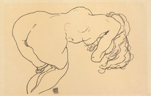 Langhåret naken, fremoverlent, sett bakfra; Langhaariger Akt, vornubergebeugt, Ruckenansicht, 1918