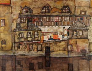 Mur av hus ved elven - Maleri av Egon Schiele (1890-1918), olje på lerret av Egon Schiele