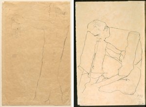 Naken mann med løftede armer (recto) Sittende mann (verso) av Egon Schiele