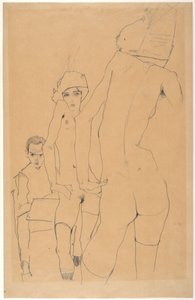 Schiele med nakenmodell foran speilet av Egon Schiele