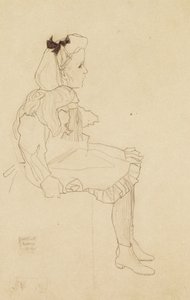 Sittende jente med sløyfe i håret, 1909 av Egon Schiele