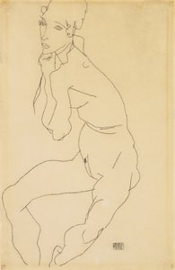 Sittende kvinnelig naken med hånden på haken, 1914 av Egon Schiele