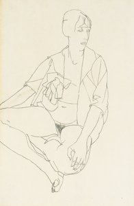 Sittende kvinnelig naken med åpen bluse, 1913 av Egon Schiele