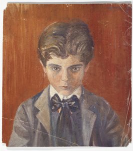 Selvportrett foran rød bakgrunn av Egon Schiele