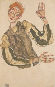 Selvportrett med stripete ermebeskyttere av Egon Schiele