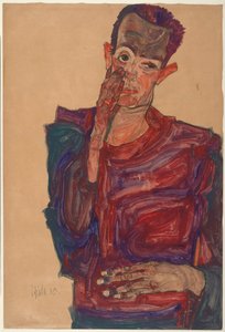 Selvportrett med øyelokk trukket ned, 1910 av Egon Schiele