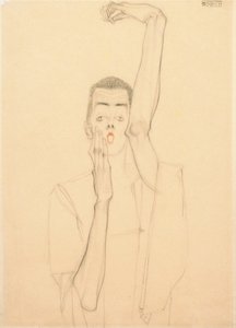 Selvportrett med løftet arm og rød munn av Egon Schiele