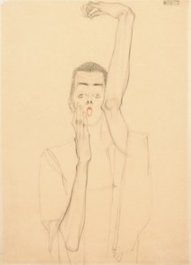 Ung mann med løftet arm og rød munn; Selvportrett med løftet venstre arm og rød munn, 1909 av Egon Schiele
