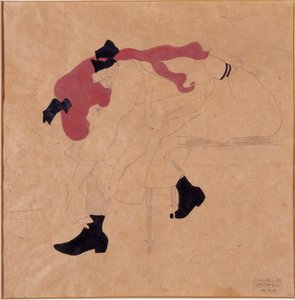 Ung jente med svart bånd i rødt hår, tar på seg skoene, 1909 av Egon Schiele