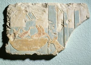 Relieff som viser et raid av et hundelignende dyr på et fuglereir, fra begravelsestempelet til kong Montuhotep II, Middle Kingdom (malt kalkstein)