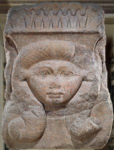 Hovedstad med hodet til Hathor overtatt av Osorkon II (ca. 883-855 f.Kr.) fra Bubastis, Middle Kingdom (granitt)