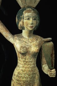 Kvinnelig offerbærer som bærer en vannvase i hånden og et kar på hodet, Egyptisk, Midtriket, ca. 1950 f.Kr. (stuccoed og malt fikentre) (detalj av 93791)