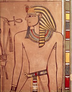 Amenhotep II (ca. 1427-1392 f.Kr.) med en ankh hevet til leppene, fra sarkofagkammeret i graven hans, New Kingdom (malt kalkstein) av Egyptian 18th Dynasty