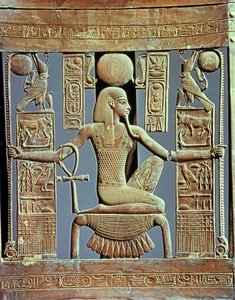 Stolrygg fra graven til Tutankhamon (ca. 1370-52 f.Kr.) som viser ånden fra millioner av år, New Kingdom (cederwood) (se også 227983)