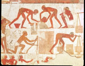 Konstruksjon av en vegg, fra graven til Rekhmire, vizier av Tuthmosis III og Amenhotep II, New Kingdom (veggmaleri) (se 202228 for detaljer) av Egyptian 18th Dynasty