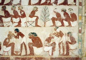 Klipp av soldatenes hår, freskomaleri, sørvegg, vestlig tverrkammer, Userhats grav, lærer og skriver under Amenhotep IIs regjeringstid, også kjent som grav TT56, Sheikh Abd el-Qurna, Theben. Egyptisk sivilisasjon, New Kingdom, Dynasti XVIII. av Egyptian 18th Dynasty