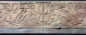 Detalj fra den seremonielle fotskammelen til Tutankhamon (ca. 1370-52 f.Kr.) New Kingdom (tre)