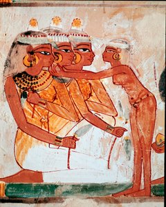 Egyptisk kunst: Nakhts grav. Toalett: hushjelp hjelper tre kvinner som holder lotusblomster med å sette på smykker før begravelsesbanketten. Fresco of Luxor (Tebens sted, Necropolis of Sheikh Abd al-Gournah (Gournah), venstre bredd av Nilen, Egypt. av Egyptian 18th Dynasty