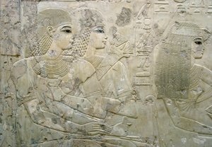 Egyptisk antikvitet: basrelieff som representerer gjestene ved en begravelsesbankett - Graven til vizieren Ramose (18. dynasti) - Luxor, Theben, de adeliges grav Egypt - Egyptisk sivilisasjon: Basrelieff som viser gjestene ved en begravelsesbankett, fra gr av Egyptian 18th Dynasty