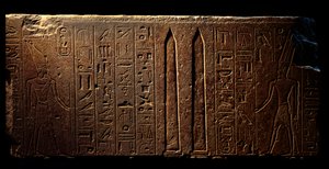 Egyptisk antikvitet: detalj av en gravert freskomaleri som viser dronning Hatshepsut (til venstre) og to obelisker ved tempelet til Amon - år 15 av hennes regjeringstid (1475-1468 f.Kr.) 18. dynasti - Luxor, egyptisk kunstmuseum av Egyptian 18th Dynasty