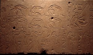 Egyptisk antikken: detalj av en gravert freskomaleri som viser dansere, contortionists og musikere. Periode med dronning Hatshepsut (Hatshepsut) 18. dynasti. Luxor, egyptisk kunstmuseum av Egyptian 18th Dynasty