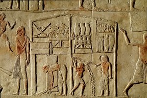 Egyptisk antikvitet: "" matvarer er lagret i varehus""" Relieff som dekorerer en grav til en høytstående tjenestemann fra det 18. dynastiet. Bologna Civico Museo Archeologico av Egyptian 18th Dynasty